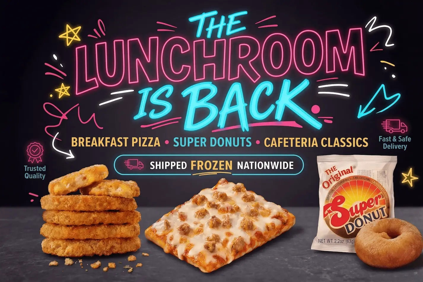 The School Daze - Authentic 80s and 90s school cafeteria food like square pizza and super donuts shipped frozen nationwide.