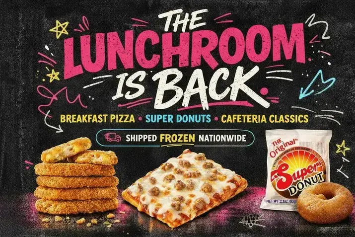 School Daze Retro Cafeteria Food - Breakfast Pizza and Super Donuts shipped frozen
