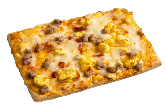 Sausage, Egg, Bacon & Cheese Sauce Pizza - School Daze